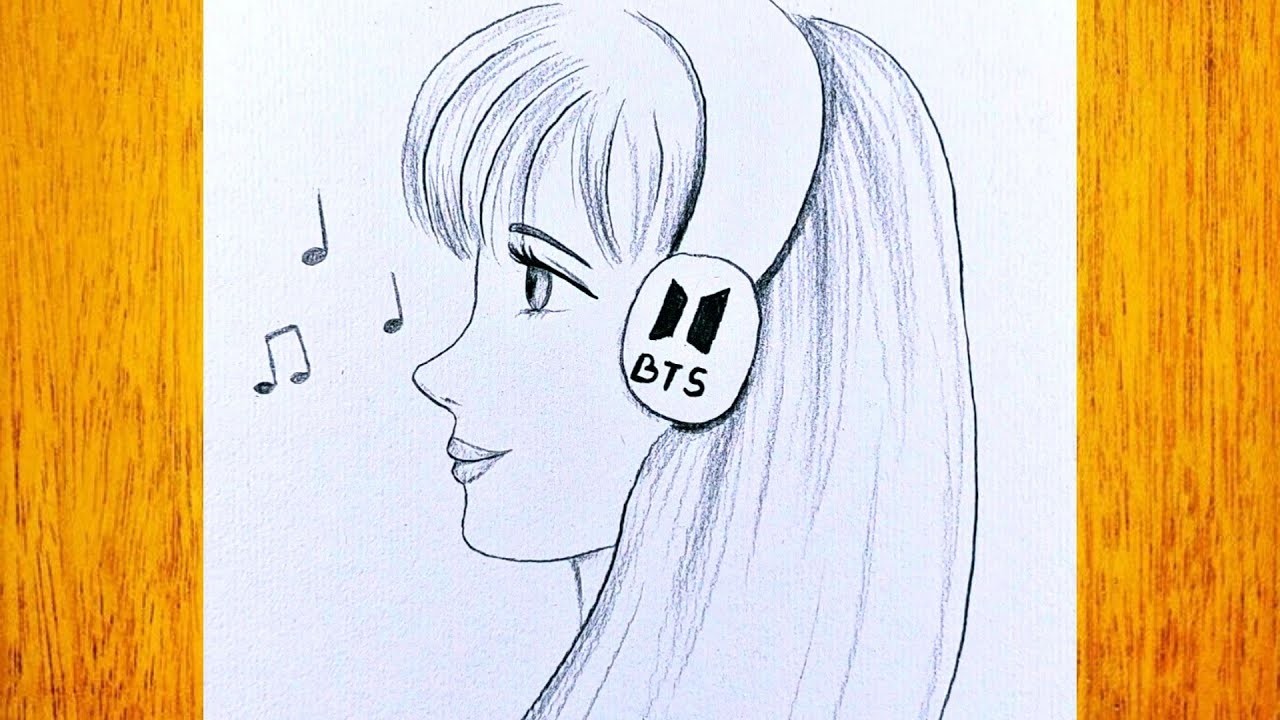 Como dibujar una hermosa chica con auriculares BTS. Dibujo simple.Como desenhar uma linda garota