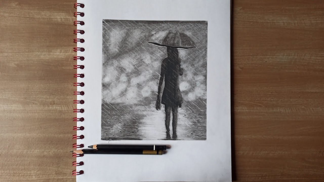 Cómo Dibujar una chica bajo la lluvia a lápiz Fácil