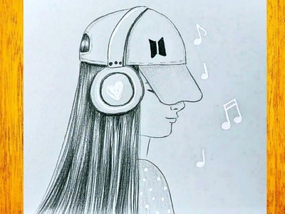 Una niña con gorra BTS y auriculares dibujando a lápiz. Cómo dibujar una niña.Tutoriales de dibujo