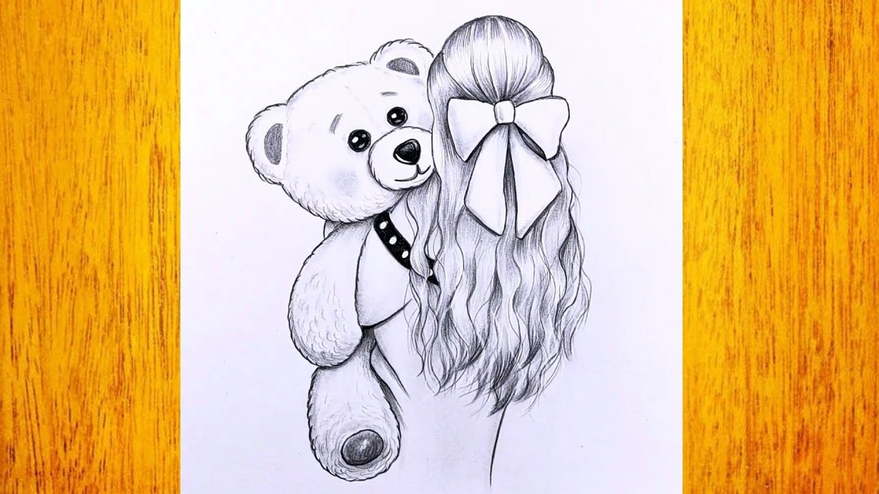Como dibujar una chica con su osito de peluche. Dibujos sencillos a lápiz para principiantes