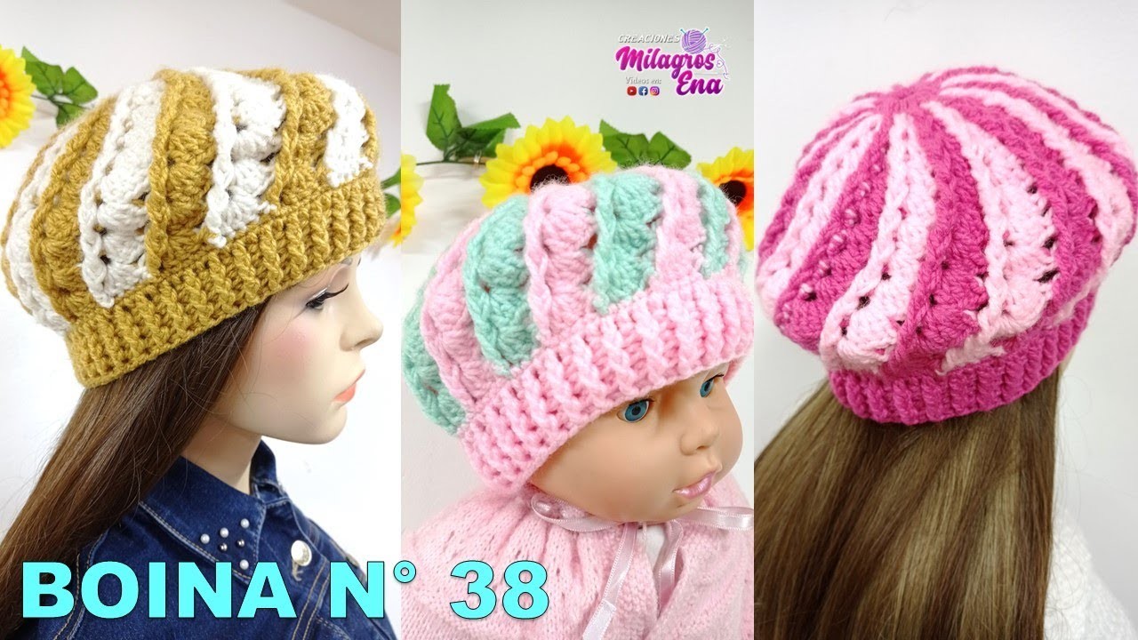 Como tejer Boina N° 38 Espiral a crochet de dos colores para bebes, niñas y mujer paso a paso