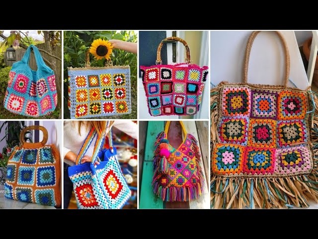 Diseño de bolsos.bolsos de estilo boho de diferentes patrones de ganchillo multicolor