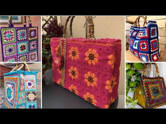 Hermosas ideas de diseño de bolso. bolso multicolor con patrón de flores de ganchillo
