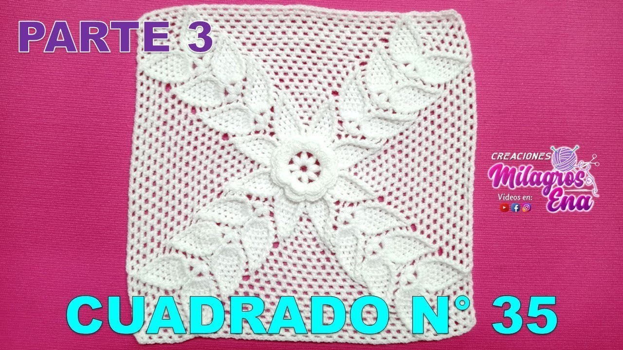 PARTE 3 Cuadrado, cuadro o muestra N° 35 tejido a  crochet con flor rosita y hojas para cojines