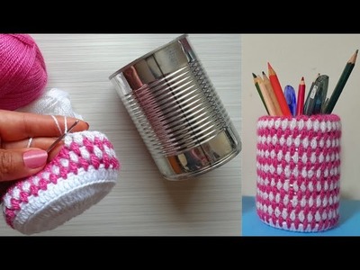 Reciclé Lata.Estuche para lápiceros a Crochet.Diy CROCHET Projects.Porta lapicero a Ganchillo.Crochê