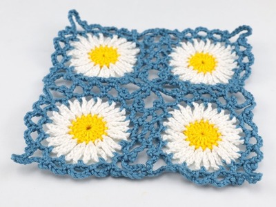 CUADRADO A CROCHET MODELO DE MARGARITAS CON ENMIENDA - Ganchillo para Principiantes