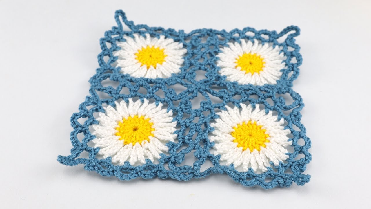 CUADRADO A CROCHET MODELO DE MARGARITAS CON ENMIENDA - Ganchillo para Principiantes