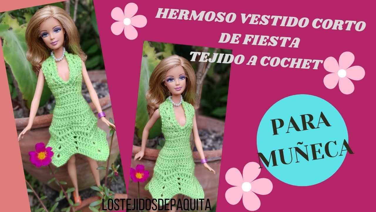 Vestido Corto de Fiesta Tejido a Crochet para Muñeca. Paso a Paso.