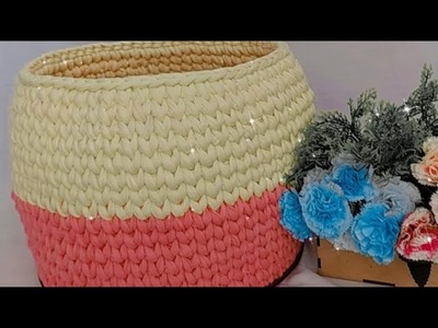 Como tejer cesta a crochet con base de madera paso a paso  #trapillo #cestasbasicas