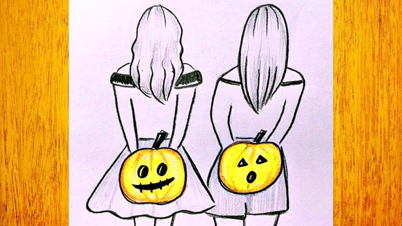 Cómo dibujar mejores amigas para Halloween. Dibujo simple de Halloween paso a paso
