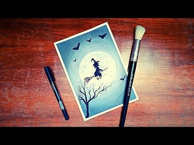 How to draw the full moon ???? and a witch in black and white | Acrylic Painting for Beginners