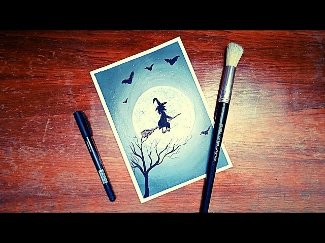 How to draw the full moon ???? and a witch in black and white | Acrylic Painting for Beginners