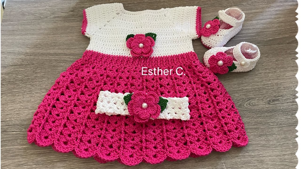 Vestido tejido a crochet para bebe 0-3 meses, diadema y zapatitos