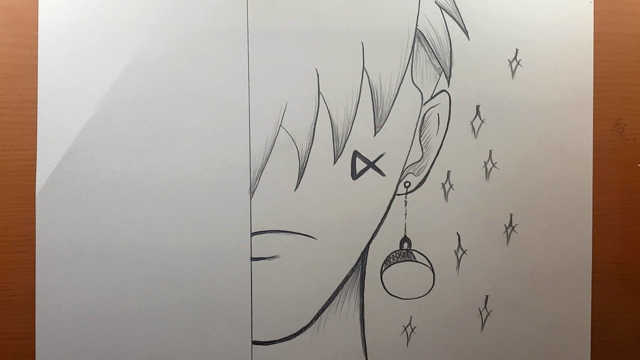 Boceto de anime fácil lápiz.| cómo dibujar la mitad de la cara de un chico malo - pasos sencillos