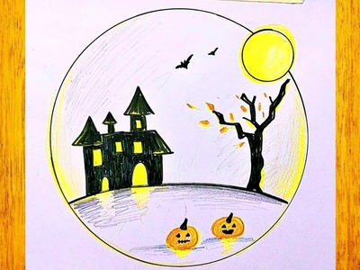 Como dibujar un paisaje de Halloween. Dibujo sencillo y bonito para Halloween