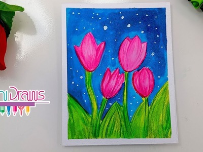 Cómo dibujar un Paisaje (Tulipanes) con acuarela - ideas de dibujos fáciles con acuarela