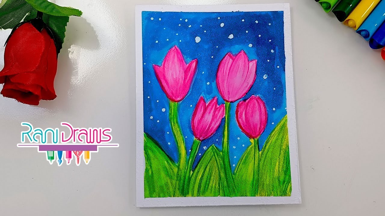 Cómo dibujar un Paisaje (Tulipanes) con acuarela - ideas de dibujos fáciles con acuarela