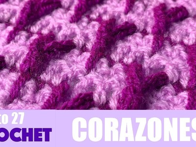 Crochet punto Corazones en relieve, ganchillo fácil en dos colores
