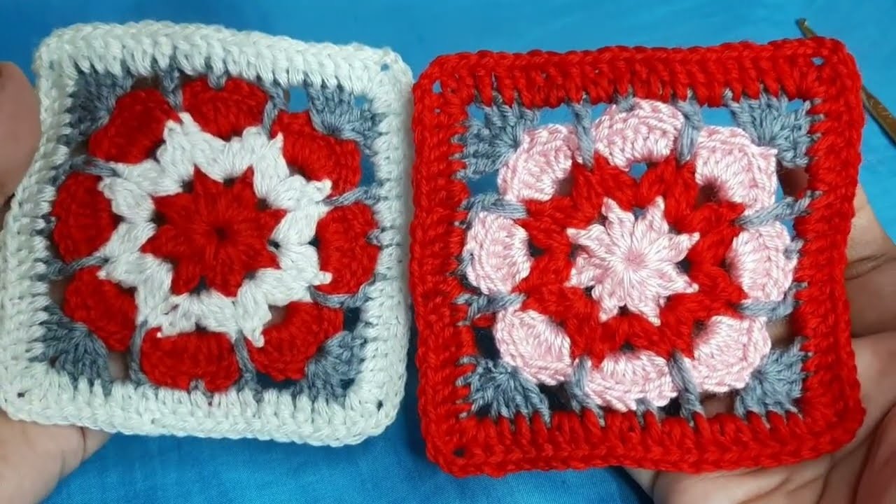 Cuadrados de la abuelita o granny squere a crochet con flor al centro muy fáciles y preciosos