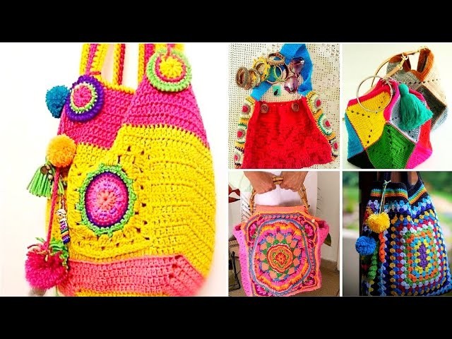Magníficos diseños de bolso.bolso de hombro.bolso estilo boho multicolor de ganchillo