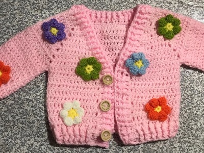 Suéter  para bebe con flores 3d a crochet talla 0-3meses y explicación de todas las tallas