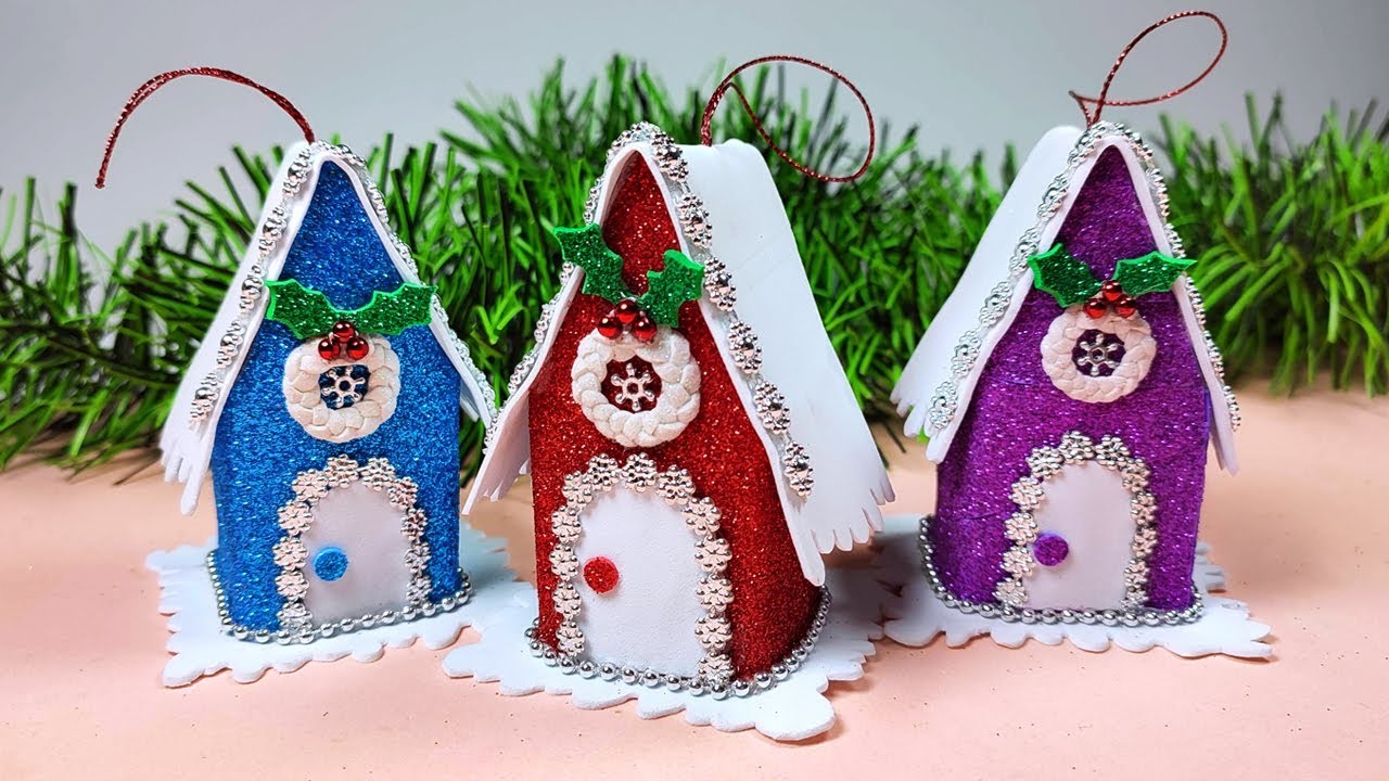 ????Cómo hacer casitas de foamy  para decorar en Navidad