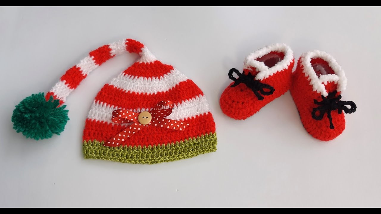 Bota de navidad a crochet bebé de 0-3 meses, baby booties conjunto con gorro navideño fácil de tejer