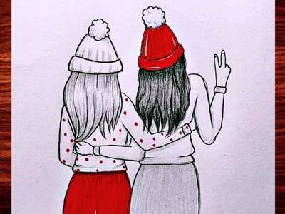 Mejores amigas dibujados para Navidad. Dibujo simple y fácil.Melhores amigas desenhados para o Natal