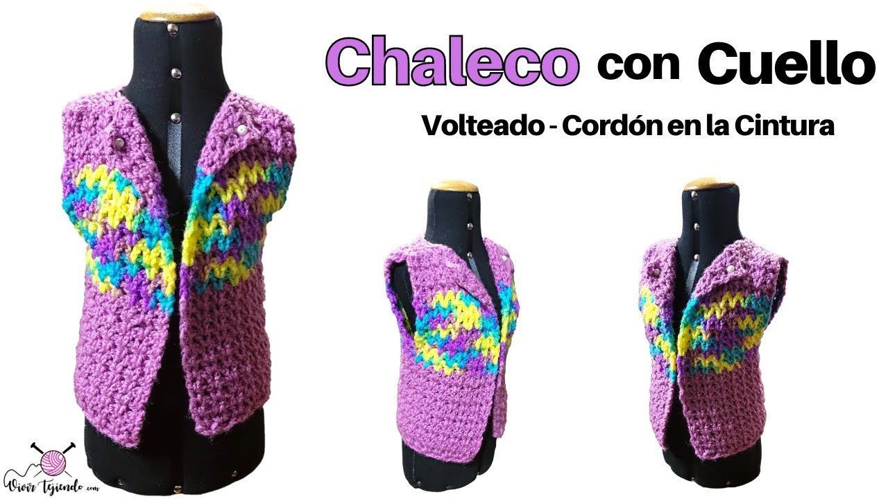 Chaleco con Cuello volteado básico y súper fácil de Tejer a Crochet en diferentes Tallas