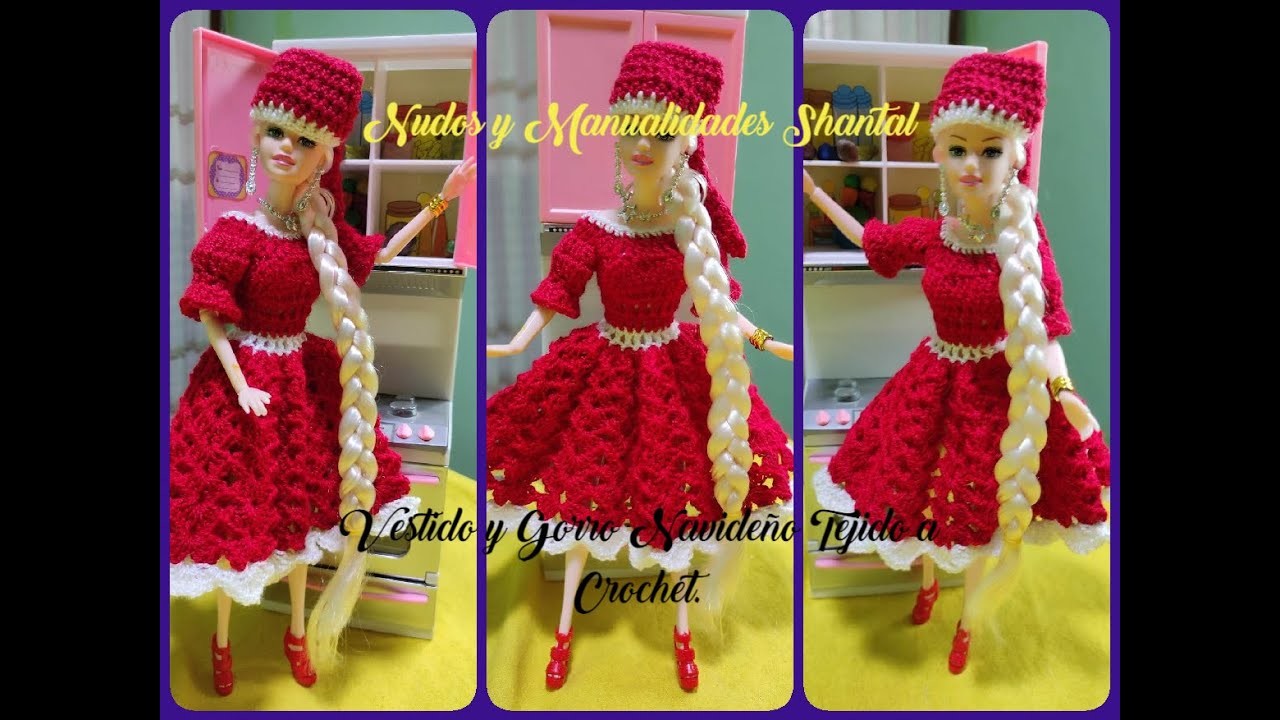 Vestido y Gorro Navideño Para Muñeca a Crochet.