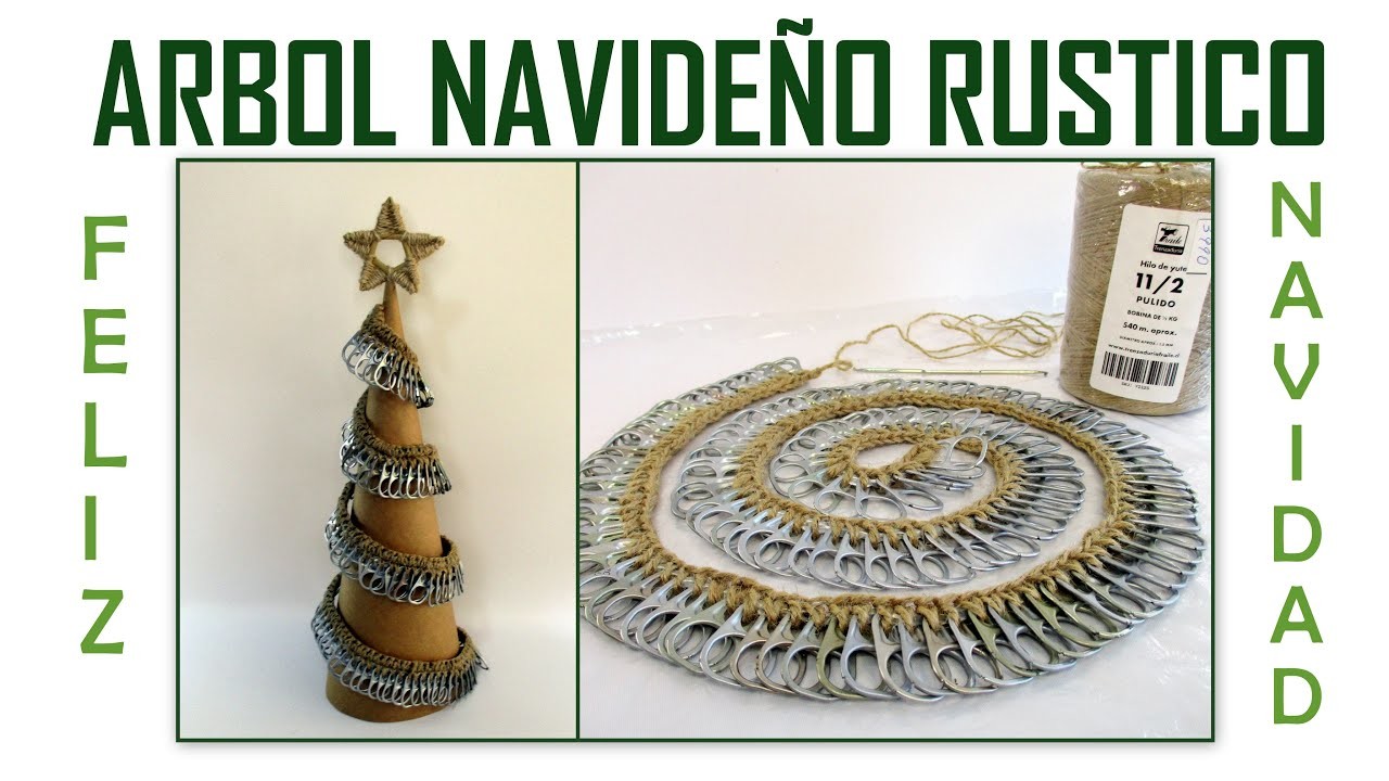 ARBOL NAVIDEÑO RÚSTICO con YUTE. Pino tejido Crochet básico. Recicla Taps Chapitas