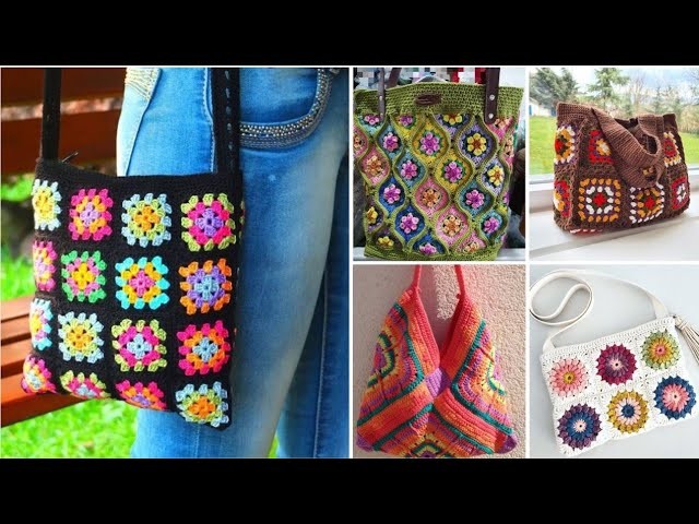 Bolso de patrón de punto cuadrado de ganchillo de estilo bohemio.bolso de hombro.diseños de bolso