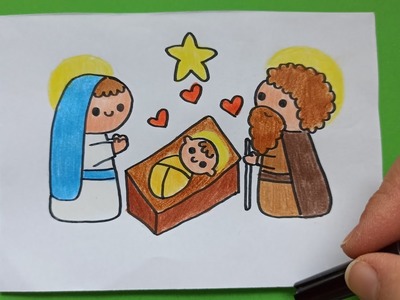 Como dibujar un hermoso pesebre Kawaii!! Santa María, San José y el niño Jesús!! ♥️????????