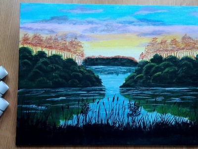 How to do a small painting with acrylic paint: how to draw a lake step by step