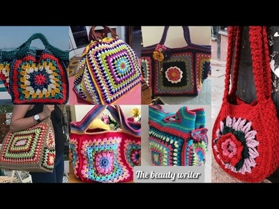 Hermosas bolsas de patrón de flores multicolores de ganchillo estilo boho.diseños de bolsos de hombr