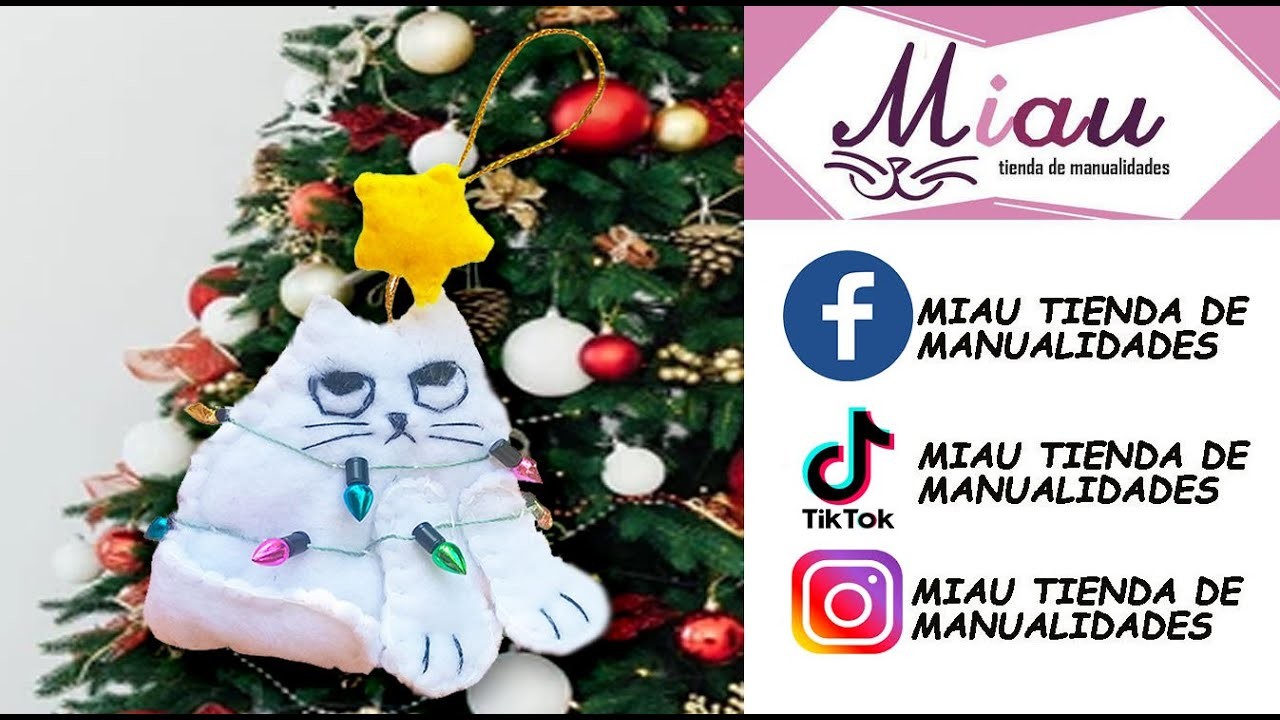 Gato con luces navideñas en paño lency ,5 minutos