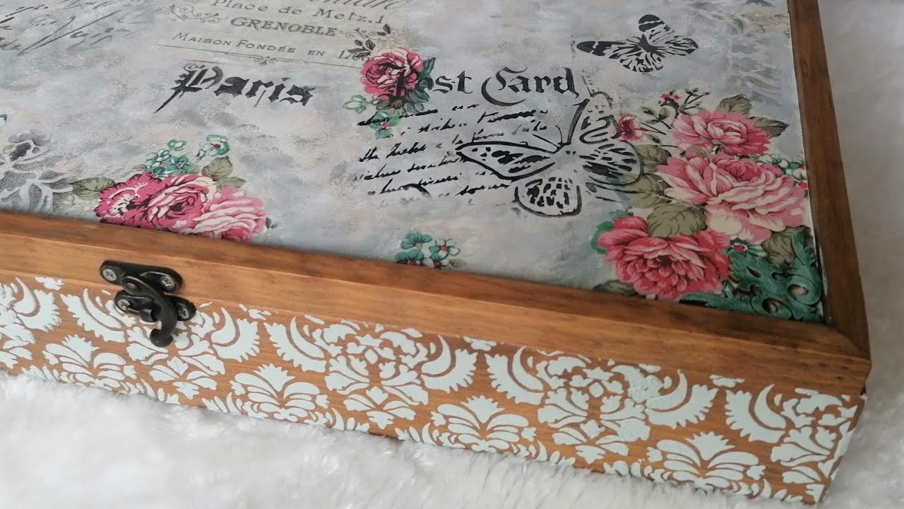 CAJA  DECORADA CON MIXMEDIA. Cajita SHABBY CHIC decorada con decoupage y pasta relieve.