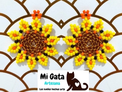 Aretes girasol de la abundancia #2 en mostacillas.Sunflower earrings from abundance #2 in seed beads