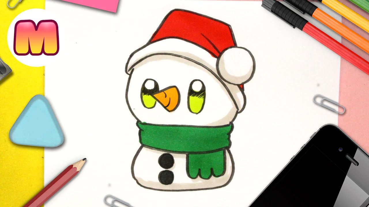 COMO DIBUJAR UN MUÑECO DE NIEVE KAWAII ❤️  Dibujos de navidad fáciles ❤️ Dibuja de una manera fácil