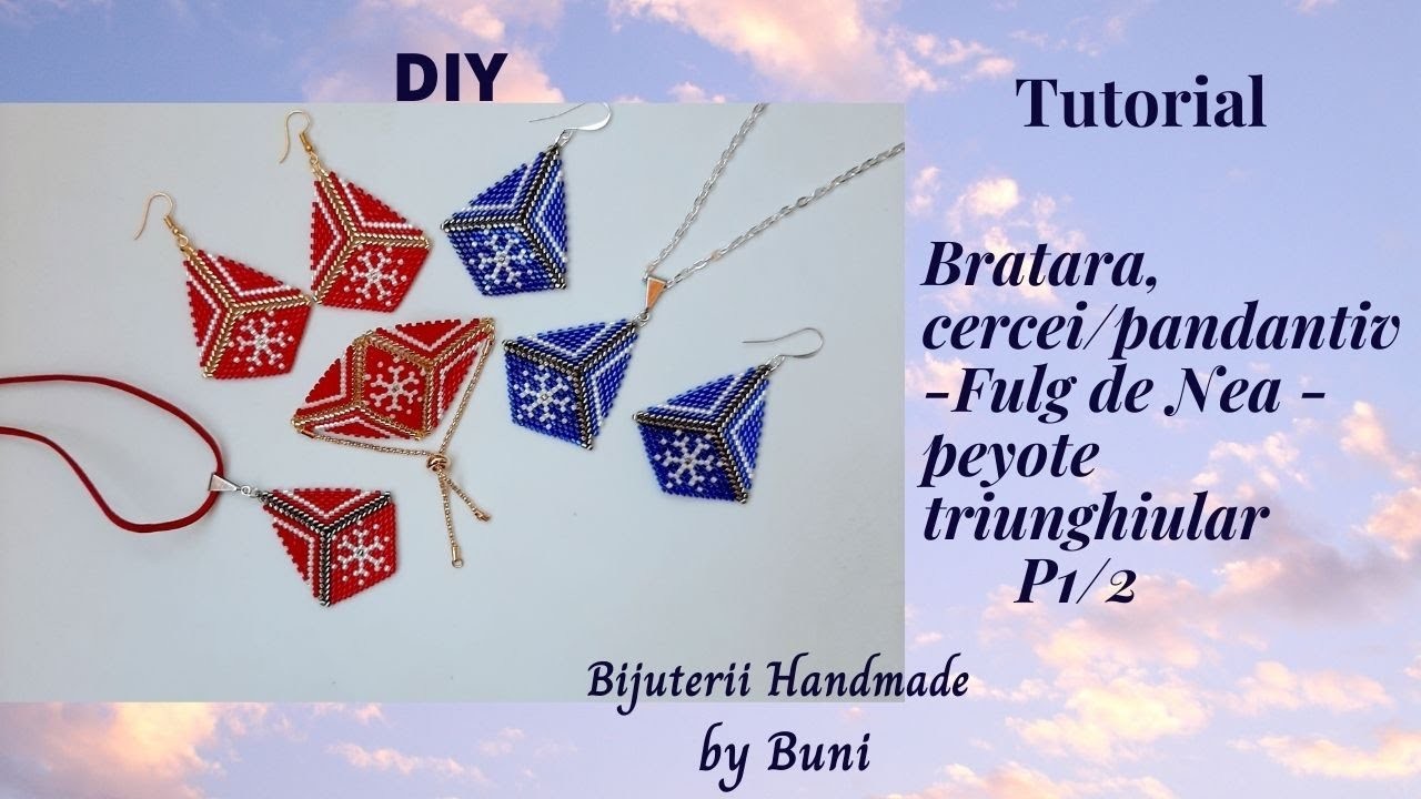 DIY Bratara, cercei.pandantiv Fulg de Nea - peyote triunghiular P1.2.peyote triangle beaded bracelet