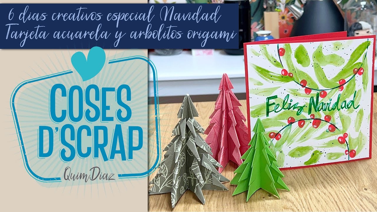Tarjetas de acuarela y arbolitos de Origami (decoración navideña)