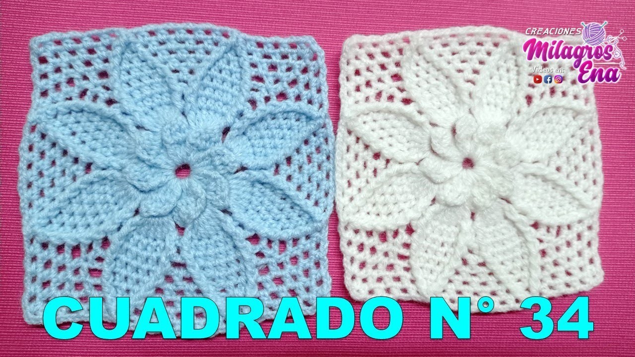 PARTE 1 Cuadrado N° 34 flor con hojitas tejidos a crochet para cojines, almohadas y colchas