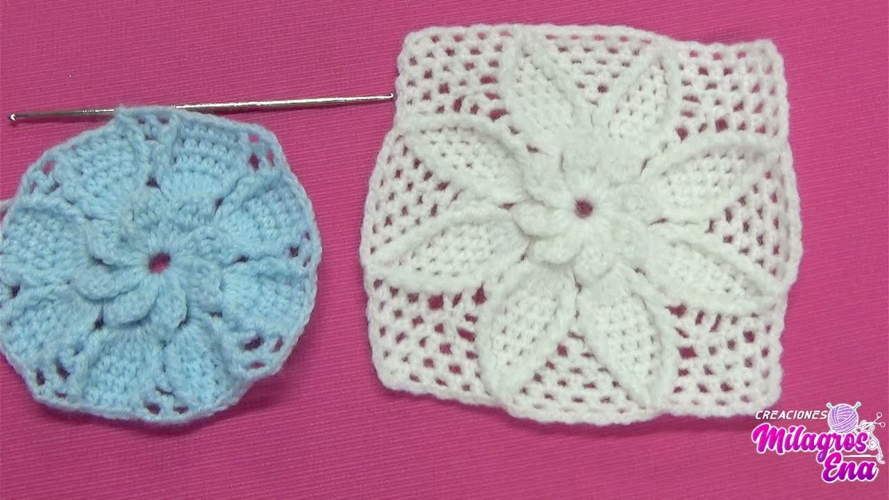 PARTE 2 Cuadrado N° 34 flor con hojitas tejidos a crochet para cojines, almohadas y colchas