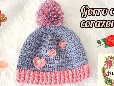 Gorro a crochet con corazones, ideal para principiantes #crocheting #crochet #diadelamor