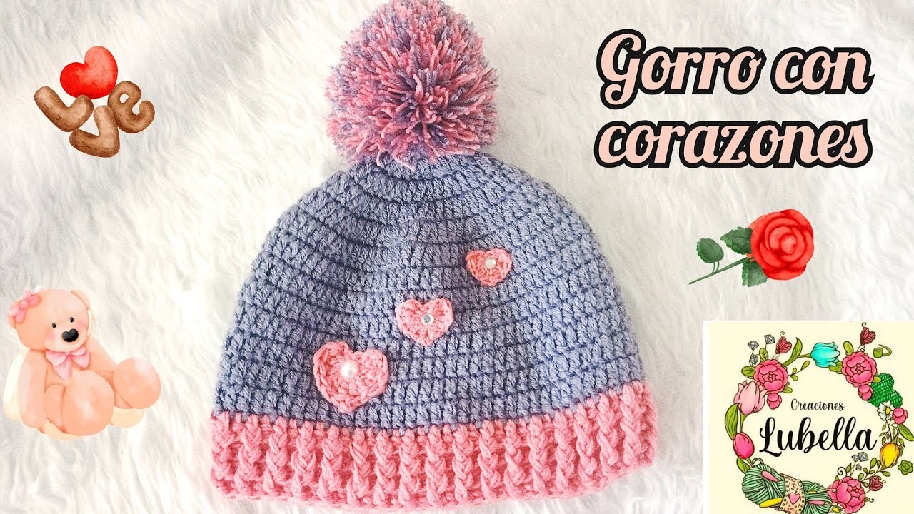 Gorro a crochet con corazones, ideal para principiantes #crocheting #crochet #diadelamor