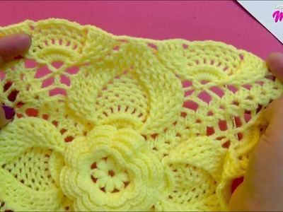 PARTE 4 Cuadro o cuadrado N° 31 tejido a crochet en punto hojas con piñas para colchas y cojines