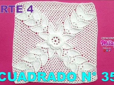PARTE 4 Cuadrado, cuadro o muestra N° 35 tejido a  crochet con flor rosita y hojas para cojines